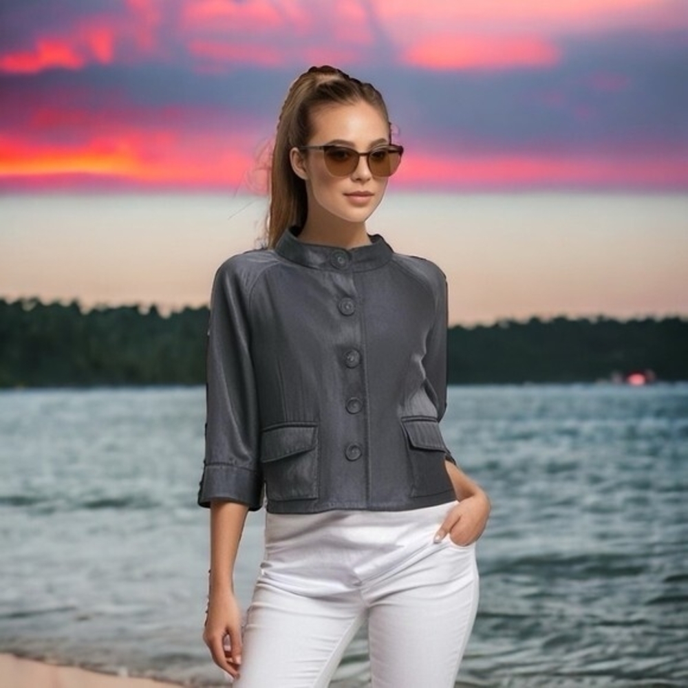 Easy Wear Women's Distressed Black Glossy Blazer S Cropped 3/4 Sleeve France VG